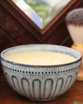 Natural hand crafted lemon myrtle shave soap in ceramic bowl