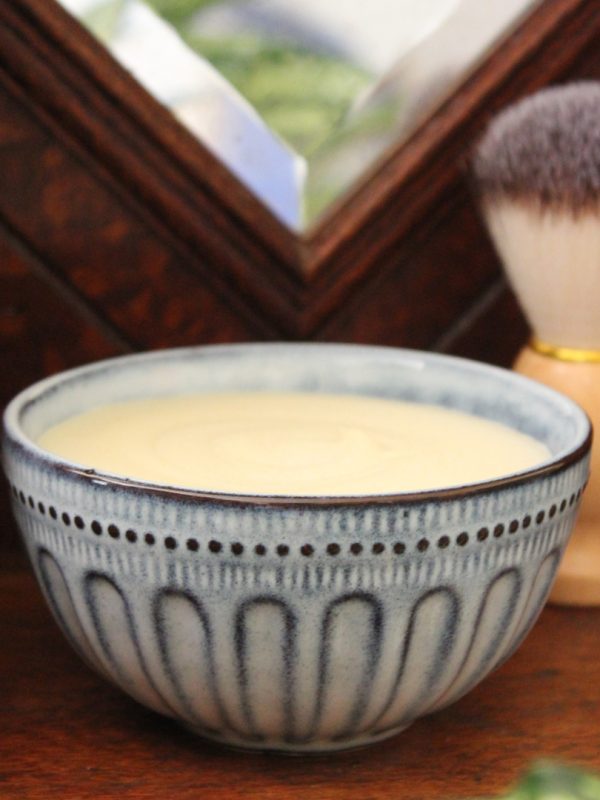 Natural hand crafted lemon myrtle shave soap in ceramic bowl