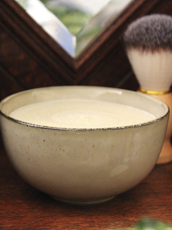 Nourishing Sandalwood shave soap in ceramic bowl